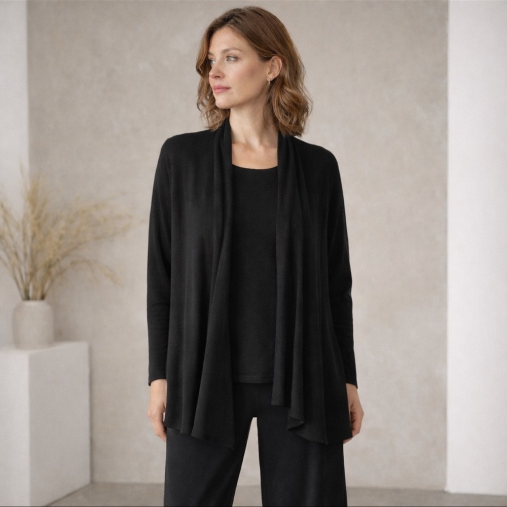 Eileen Fisher Merino Wool Open Cardigan Black Minimalist Medium
